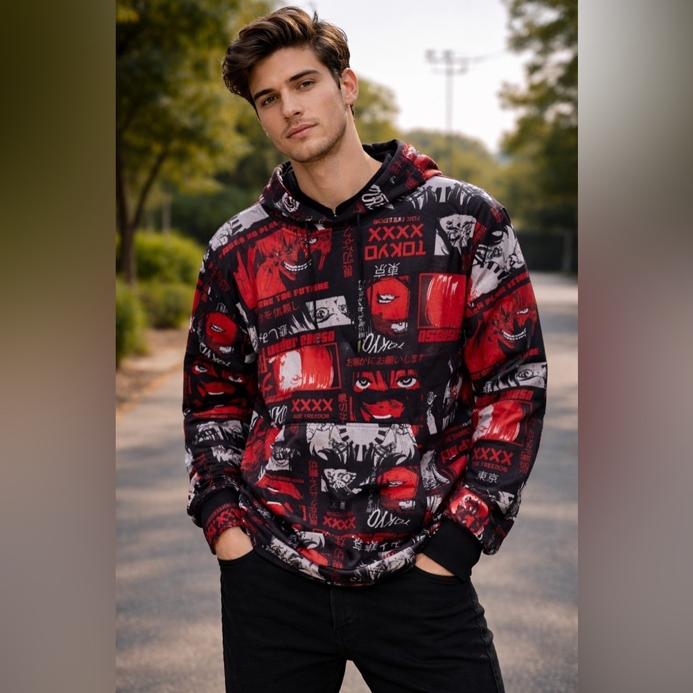 Drill Clothing Co Fresh Prints of Tokyo Red Black Anime Manga Graphic Hoodie M